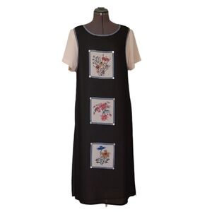 SZ8 Vintage Black Pink Double Layer Casual Sheath Midi Dress Modest